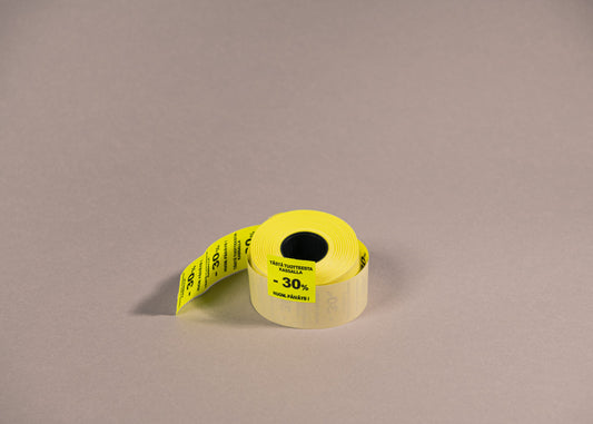 Etiketti 29x28mm Tästä tuotteesta kassalla -30% Huom. Päiväys! keltainen - Tukkupakkaus 30rll